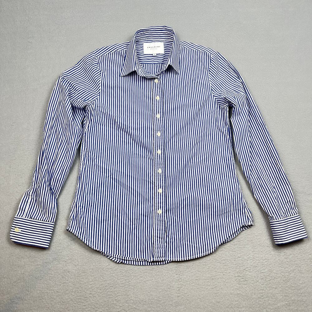 The Shirt Rochelle Behrens Blue Striped No Gape Button Down Blouse Women's S